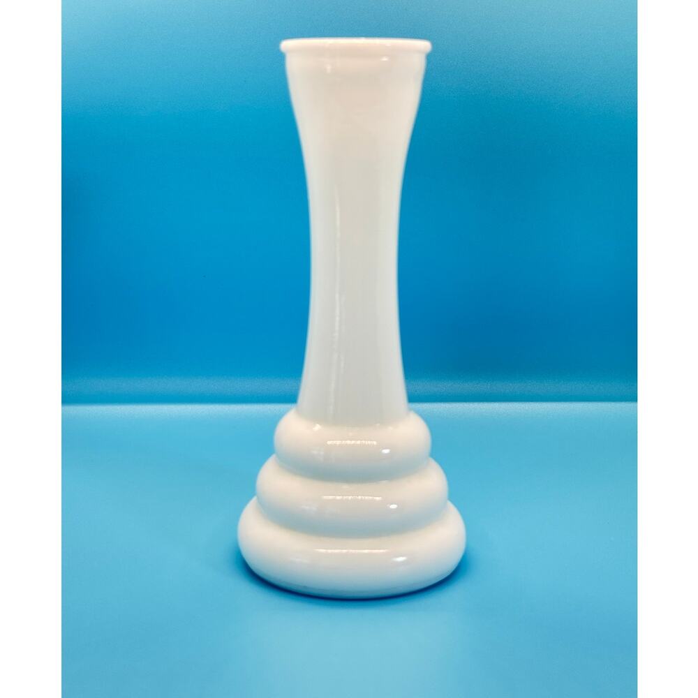 VTG Randall White Milk Glass‎ Ribbed Beehive Bud Vase Stacked Ring Base 6 Inch